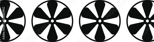 Abstract geometric illustration of rotating fan blades with circular symmetry, minimal black and white design, modern optical illusion pattern for creative backgrounds and digital art concepts.