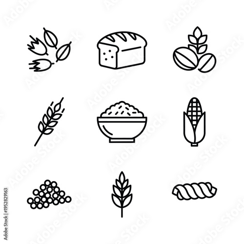 Collection of Grain and Food Icons Representing Healthy Eating.