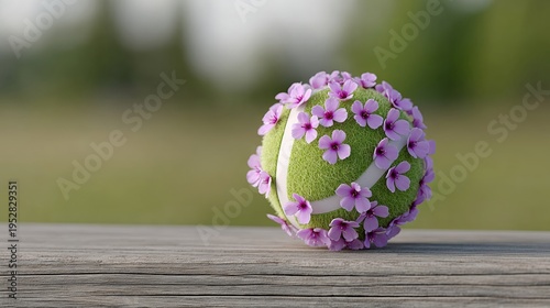 Tennis ball covered in delicate purple flowers sits on wooden surface. Background is softly blurred green field. Scene feels calm, gentle, and nature-inspired. Great for themes like spring, sport