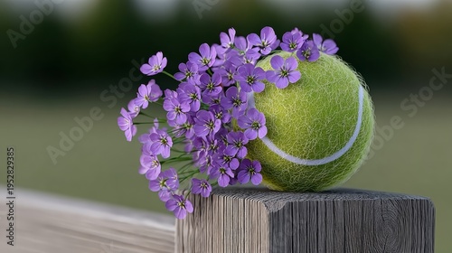 Tennis ball rests beside purple flowers. Both objects sit on a wooden post. Background blurred, showing green grass. Image combines sport and nature themes