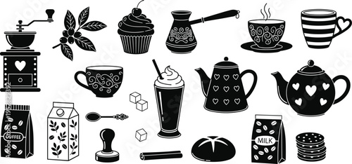 Black and white coffee and tea culture illustration set featuring grinder, teapot, steaming cup, cezve, cupcake, cookies, sugar cubes, milk carton, and accessories