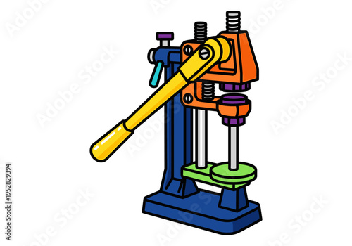 Colorful cartoon illustration of a manual press machine with a yellow lever and blue base