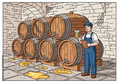 Brewer inspecting wooden barrels filled with beer in a cellar, holding a glass of ale
