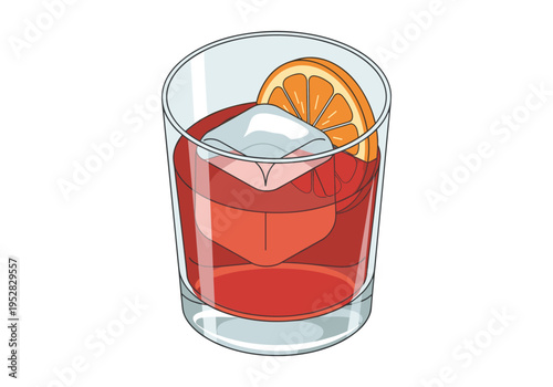 Refreshing Negroni cocktail with ice and orange slice in a clear glass