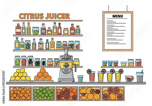Fresh citrus juicer and ingredients displayed with a menu in a bright, clean juice bar setting