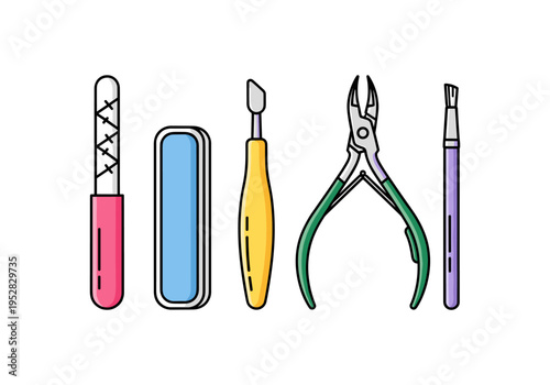 Set of manicure tools including nail file, buffer, pusher, cuticle nipper, and brush