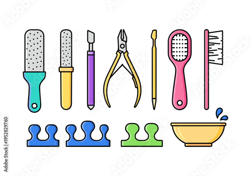 Collection of colorful pedicure tools and foot care items arranged neatly