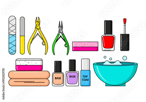 Manicure and pedicure tools and supplies arranged for a beauty treatment