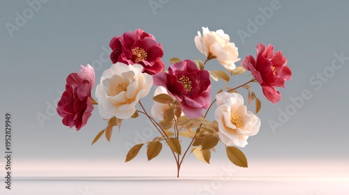 Bouquet of red and white roses with golden leaves. Soft lighting highlights petals' delicate texture. Elegance and romance in minimalist studio setting. Ideal for weddings, greeting cards
