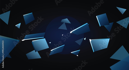 Dark blue futuristic background with floating shattered geometric glass fragments and glowing edges representing motion explosion and dynamic digital technology transition effects.