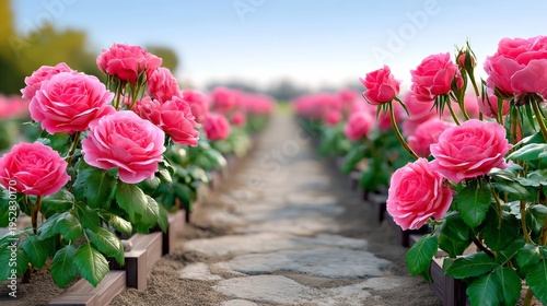 Rows of vibrant pink roses line a stone path in a garden. Green leaves frame the blossoms, glowing under soft sunlight. The scene feels serene and romantic. Perfect for weddings, spring events