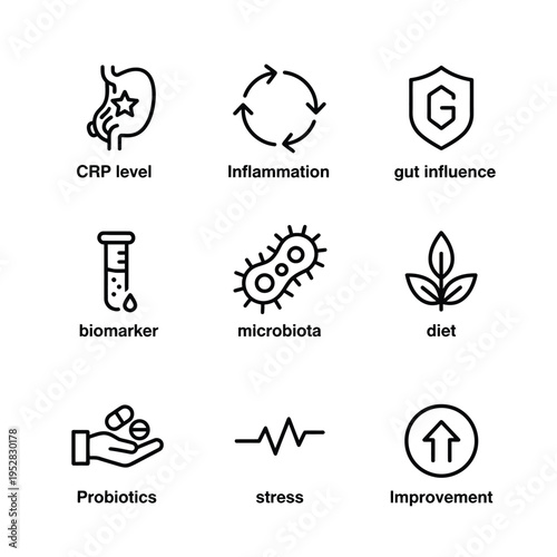 Collection of Medical and Health Icons Representing Gut Health and Wellness.