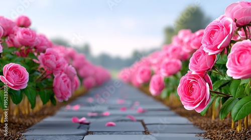 Pink roses line stone path, petals scattered. Peaceful, romantic garden scene. Ideal for wedding, love, or spring themes. Soft focus background adds dreamy atmosphere