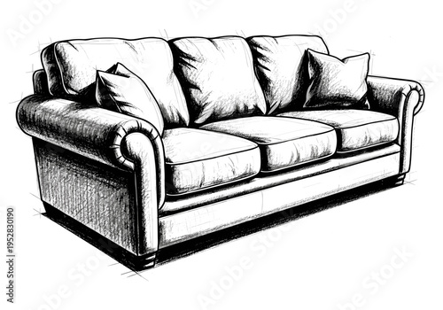 Detailed black and white sketch of a plush, comfortable three-seater sofa with throw pillows