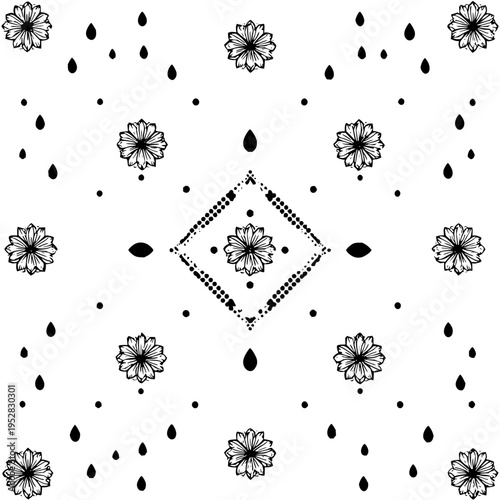 Floral pattern with diamond shape and dots arranged in a symmetrical design on white background