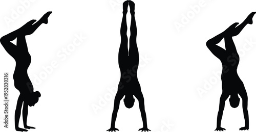 Handstand silhouettes, gymnastics balance, yoga strength, fitness flexibility, athletic pose, body control, exercise routine, black and white illustration, physical training