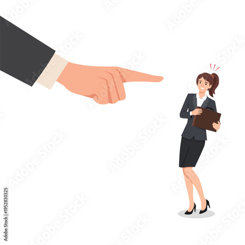 Scared Businesswoman Being Pointed at by Boss. Flat vector illustration isolated on white background