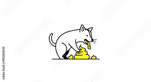 Cartoon illustration of a sick dog vomiting yellow puke. Simple line art depicting pet illness, nausea, stomach upset, or health issues.