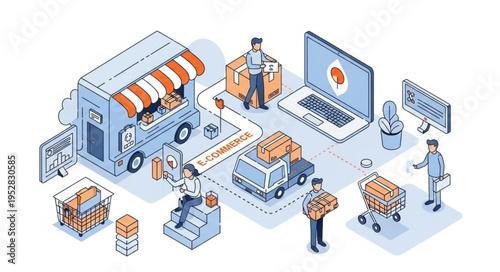 E-commerce and Online Shopping Process Illustration with Isometric View.