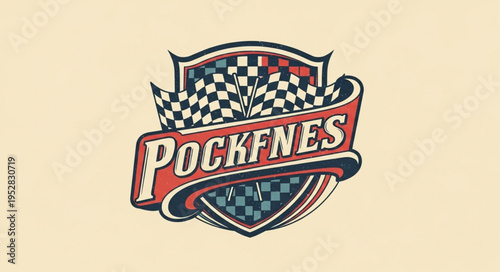 Vintage Racing Emblem with Checkered Flags and Bold Typography.