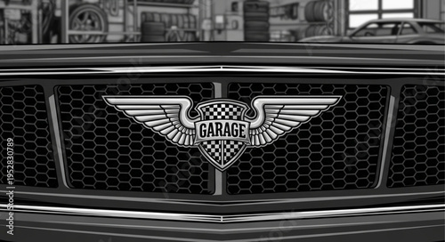 Close-up of a car grill with a winged garage emblem.