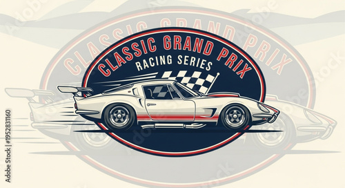 Classic Grand Prix Racing Series Car Illustration with Checkered Flag.