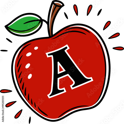 Vibrant red apple with a prominent letter a, surrounded by energetic splashes, perfect for educational materials and healthy living campaigns