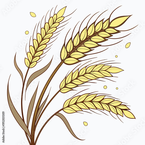 Golden wheat ears with falling grains, representing harvest, agriculture, and natural food ingredients for baking and health