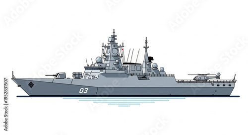 Detailed Illustration of a Modern Warship with Advanced Technology.