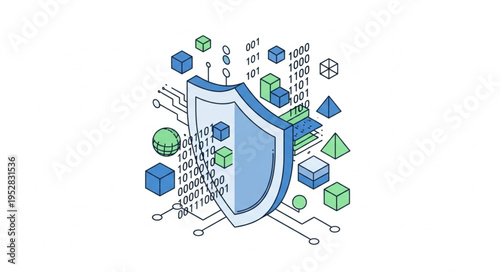 Cybersecurity Shield Protecting Data with Digital Elements and Binary Code.