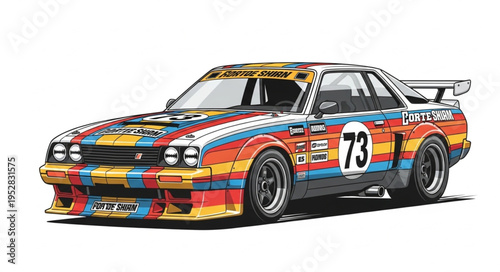 Vibrant Nissan Skyline Race Car with Bold Number 73.