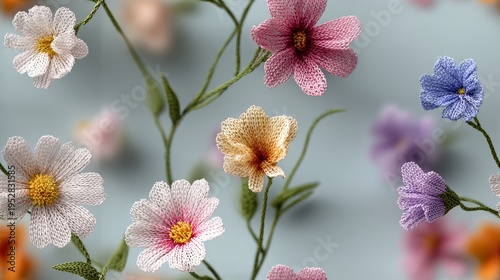 Delicate flowers in soft pastel colors bloom gently. Tiny petals and stems create a dreamy, ethereal scene. Perfect for spring-themed designs or romantic backgrounds. Ideal for wedding, floral