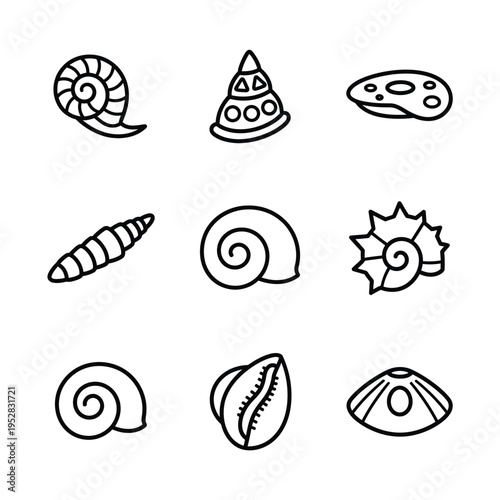 Collection of Hand-Drawn Seashell Icons in Black and White.