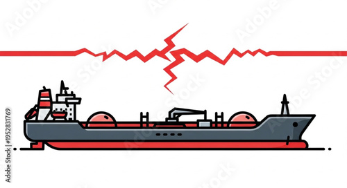 Stylized Oil Tanker Illustration with Red Accents and Lightning.