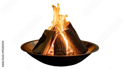Quadro su tela Isolated glowing bonfire with burning logs in a metal fire pit for outdoor warmth and ambiance