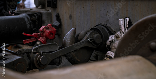Railway coupling mechanism in close detail