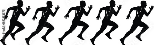 Running silhouettes, sprint sequence, athletic motion, human biomechanics, fitness training, sports illustration, exercise progression, black and white design, physical activity