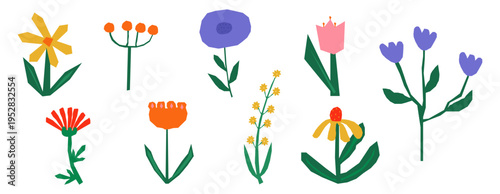 Hand-drawn paper cut wild flowers set. Vector flat illustration of colorful spring floral elements isolated on white. Naive collage style garden botanical collection