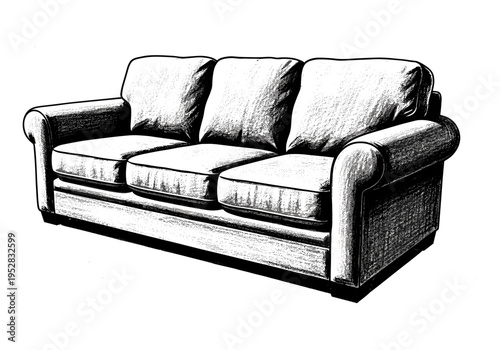 Classic three-seater sofa rendered in a detailed black and white sketch style