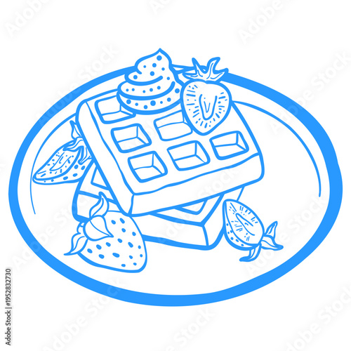Belgian waffles with strawberries. Berry breakfast pastry on a plate. Line doodle illustration. Mediterranean line art for a cafe menu.