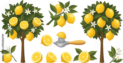 Collection of Lemon Trees, Sliced Lemons, and Citrus Juicer with Fresh Lemons and Blossoming Flowers for Juicing and Recipes