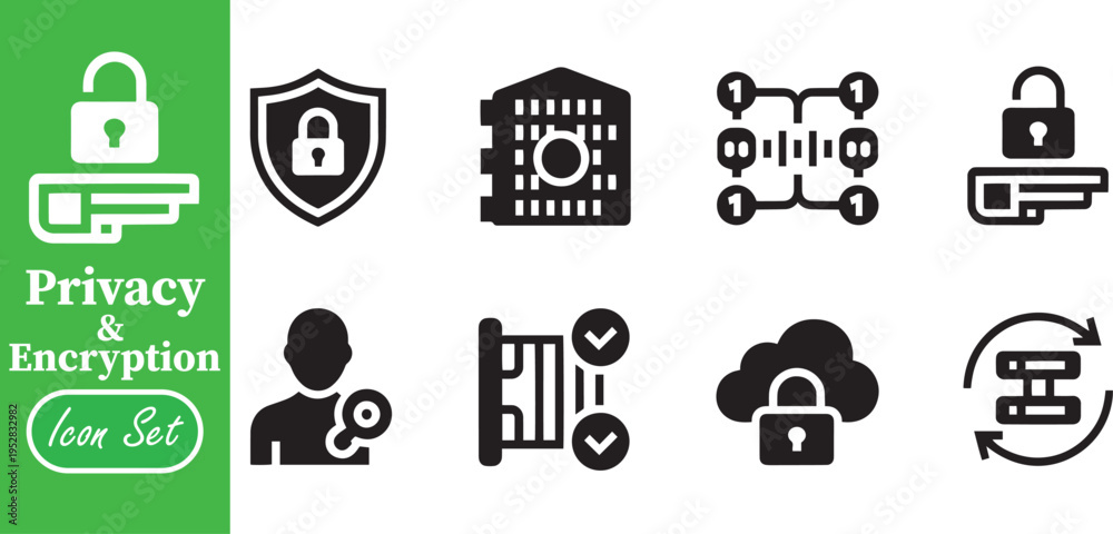 Fototapeta premium Privacy and Data Encryption Icon Set, Cyber Security Cloud Computing and Binary Protection Symbols