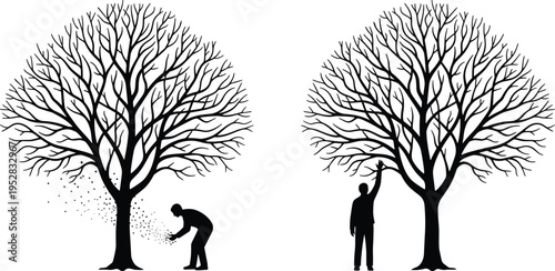 Silhouette trees, human interaction, collecting particles, reaching branches, growth symbolism, perspective contrast, nature connection, philosophical viewpoint, black and white illustration