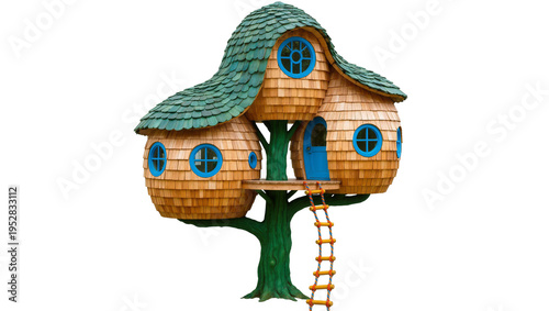 Photos Isolated whimsical treehouse with green shingle roof, multiple blue windows and rope ladder