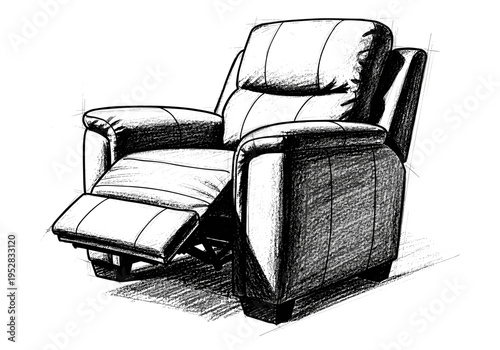 Hand-drawn sketch of a comfortable leather recliner chair with footrest extended