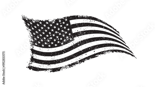 American flag with worn texture and frayed edges, blowing in the wind on a white background. featuring patriotism, national symbol, stars and stripes