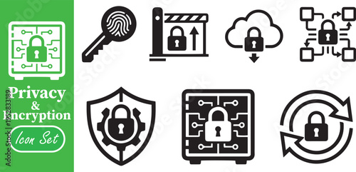 Data Privacy and Digital Encryption Icon Set, Secure Cloud Storage and Biometric Cyber Security Symbols