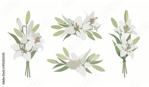 White lily watercolor bouquet illustration set for wedding and greeting cards