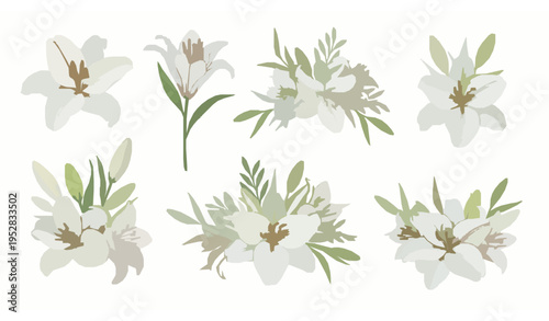 Watercolor white lily floral clipart collection with elegant bouquet elements