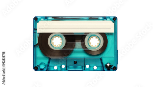 Canvas Print Isolated vintage teal audio cassette tape with blank label and magnetic reels for retro sound